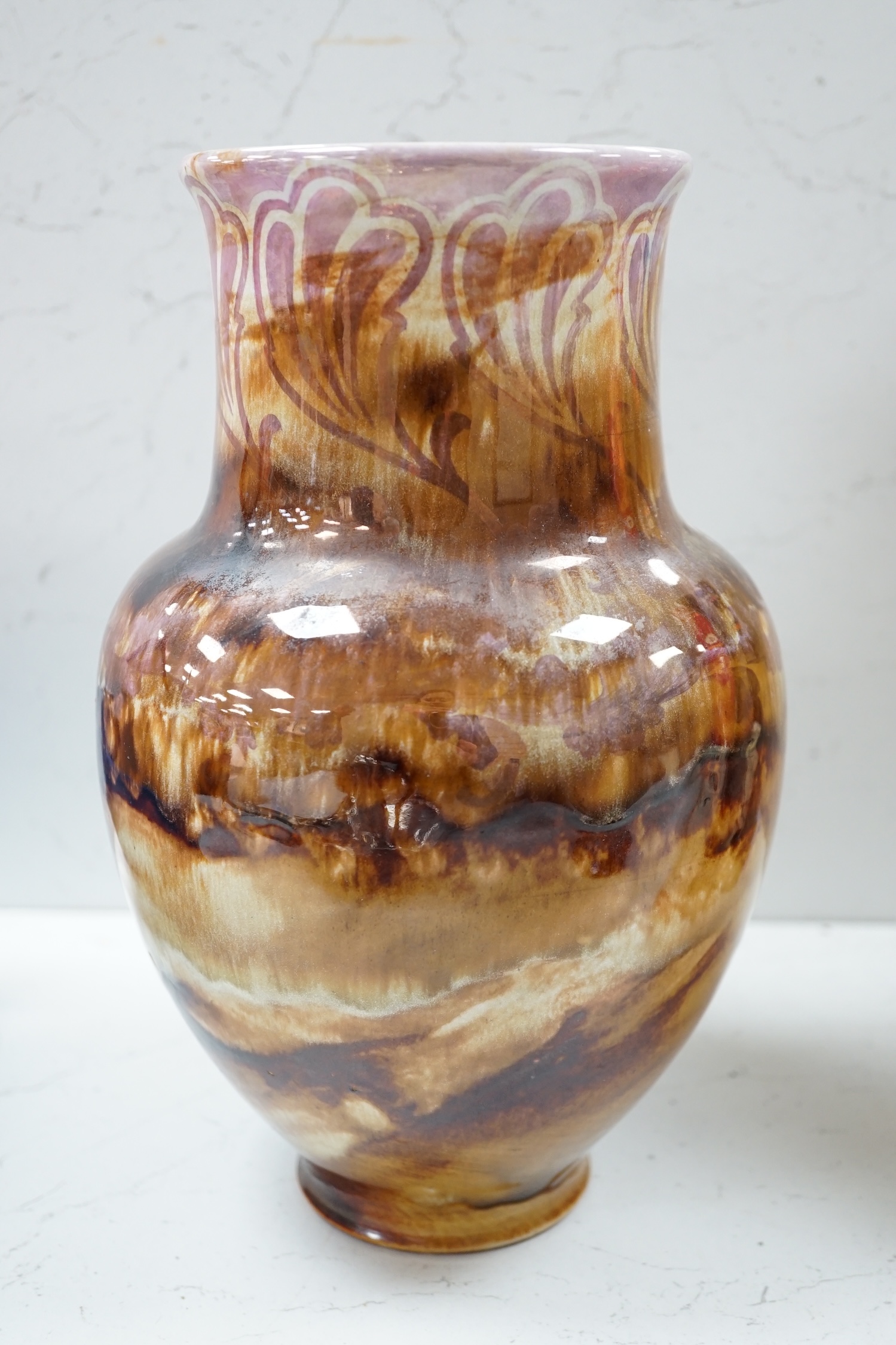 An experimental Doulton Lambeth vase with lustre effects, possibly by John Huskinson - Ex Richard Dennis Exhibition, 27cm tall. Condition - good